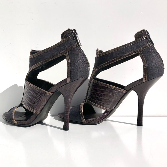 Tory Burch Geoff heel size 6M cage sandal zip linen & snakeskin embossed leather - Picture 3 of 14